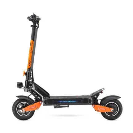 Black electric scooter with orange suspension accents, tall stem, and two large wheels; deck labeled Halo Knight, shown folded ready for riding.
