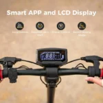 Handlebars of a scooter with a digital LCD display and four feature icons: Lock/Unlock, Zero/Non-zero Start, Cruise Control, Switch Riding Mode