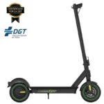Electric scooter with Certificado por la DGT badge and DGT logo, shown in black with neon green wheel rims and a kickstand.