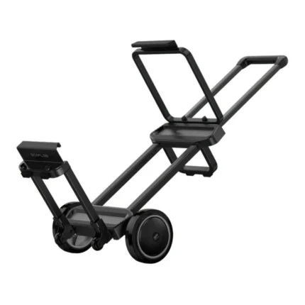 Black foldable two-wheel luggage dolly with a long handle and platform for loading bags