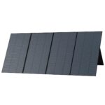 Five dark solar panels tilted on a stand, arranged in a row with a slight angle to capture sunlight.