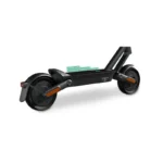 Black electric scooter viewed from the side with two large wheels and orange accents on the arms and rear fender edge