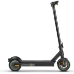 Side profile of a black electric scooter with green wheel accents on a white background (foldable design).