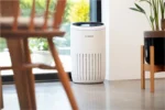 Bosch air purifier in a bright living room beside a window, with plant on the right and chair legs in the foreground.