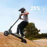 Person wearing a helmet rides an electric scooter up a rocky slope; '25% Maximum Thrust' label appears in the sky.
