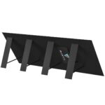 Bottom view of a black rectangular table top with five gray legs and a Bluetti tag attached