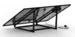 Portable solar panel array mounted on a metal frame, with a connecting cable on the ground.