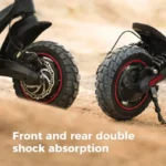 Close-up of two rugged wheels on a dirt bike with dual shock absorbers; text overlay: 'Front and rear double shock absorption'