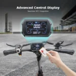 Handlebar view of a scooter with a central digital display; a hand taps an NFC tag near the screen.