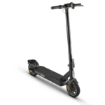 Black electric scooter on a white background with a long handlebar and thick deck, neon green accents on wheels and brake area.