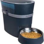 PetSafe automatic pet feeder with a metal bowl of dry kibble in front.