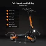Electric scooter with a prominent lighting system to improve visibility: front, RGB, rear, brake, and rear turn signal lights shown on the dark backdrop.