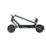 Folded electric scooter with handlebars folded towards the deck, showing a compact, portable design with two wheels and a dark gray frame.
