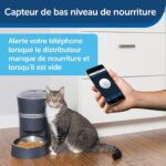 Chat assis près d'un distributeur automatique de nourriture pour animaux et d'un smartphone affichant l'alerte, démontrant un capteur de bas niveau de nourriture.