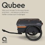 Product image of a Qeridoo bicycle trailer (child wagon) attached to a bike, shown on a beige background with German advertising text, brand visible as Qeridoo.
