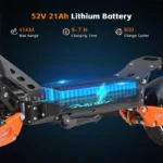 52V 21Ah lithium battery for Halo Knight, shown mounted on an orange vehicle with icons: 45KM max range, 5–7 H charging time, 800 charge cycles.