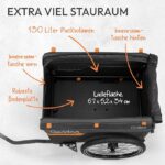 Open bicycle cargo trailer with a large 130-liter storage space and labeled internal dimensions (67×52×34 cm).