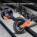 Product image of a scooter-style chassis featuring dual suspension orange arms and a front wheel, highlighting smooth-ride design (with a circular inset showing the suspension mechanism).