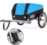 Bike cargo trailer with blue cover and two large wheels, shown with a close-up of the coil suspension detail.