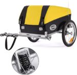 Yellow and black bicycle cargo trailer with two wheels, hitch, and yellow cover; features coil-spring suspension and frame detail (close-up).