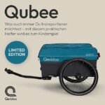 Qeridoo Qubee cargo trailer in teal with a large wheel on a beige background and a blue Limited Edition badge nearby.