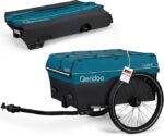Blue and black Qeridoo QUBEE bicycle cargo trailer with wheel attached and hitch visible, shown from side view (two angles).