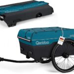 Blue and black Qeridoo QUBEE bicycle cargo trailer with wheel attached and hitch visible, shown from side view (two angles).