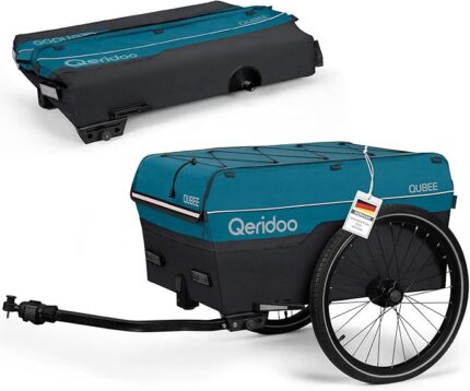 Blue and black Qeridoo QUBEE bicycle cargo trailer with wheel attached and hitch visible, shown from side view (two angles).