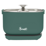 Teal Bandit pot with a stainless steel lid on a black electric base surface, brand logo visible