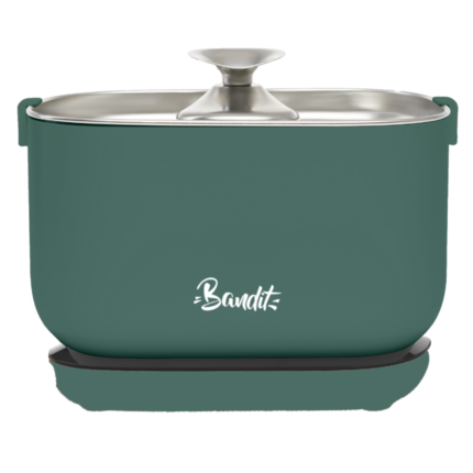 Teal Bandit pot with a stainless steel lid on a black electric base surface, brand logo visible
