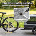 Werbung für eine Fahrradanhänger-Kupplung, kompatibel mit 22–28 Zoll Rädern, einfache Montage am Fahrrad gezeigt