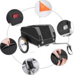 Bike trailer with orange flag, large black storage bag, and three highlighted features (rear light, reflective strip, and hitch) for easy towing.