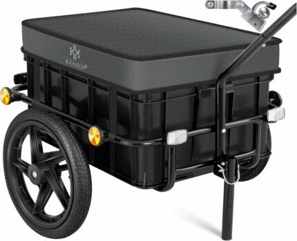 Two-wheeled black utility wagon with a padded lid for carrying cargo, featuring orange reflectors and a tow hitch handle.