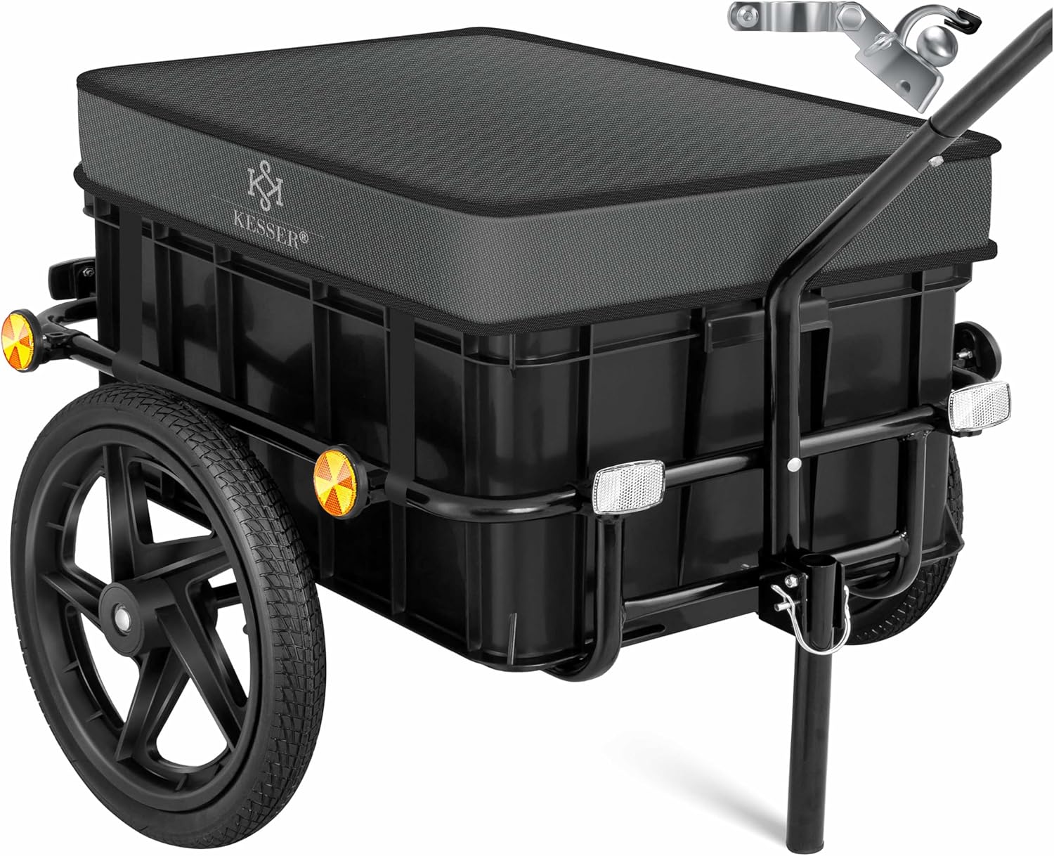 81EWwo1ud6L_AC_SL1500_ - NEVORIXT Two-wheeled black utility wagon with a padded lid for carrying cargo, featuring orange reflectors and a tow hitch handle.