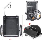 Foldable mobility cart with a telescoping handle, black fabric bag, and large wheels, shown expanded and folded with dimensions 69 cm by 47 cm