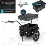 Infographic of a four-work cargo bike with a large front basket and a padded seat, showing dimensions (length 145 cm, width 60 cm, height varies) and accessories.