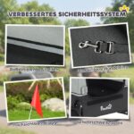 Collage promoting an improved safety system for a dog trailer, featuring reflective stripes, an adjustable leash, a high-visibility flag, and a protective front bumper on a PawIt trailer.