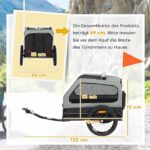 Collage of a gray towable trailer with a hitch, overlaid with yellow measurement lines: overall length 138 cm, height 70 cm, wheel 78 cm; inner section shows 53 cm height and 69 cm length, and an inset diagram with 55 cm by 69 cm. German instructions note to measure the doorway width before purchase.