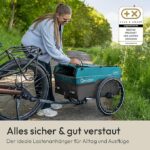 Woman loading a teal Qeridoo bike cargo trailer on a park path; banner underneath reads 'Alles sicher & gut verstaut' with an award badge in the corner.