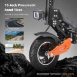 Electric scooter with orange suspension wheel on rocky terrain; ad highlights 10-inch pneumatic road tires and ride comfort.