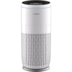 Tall white Bosch air purifier with black top vent, blue ring, and vertical slotted body on a circular base.
