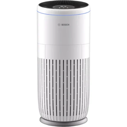 Tall white Bosch air purifier with black top vent, blue ring, and vertical slotted body on a circular base.