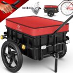 Red cushioned cargo trailer with a black plastic base and large wheels, designed for hauling goods with a front handlebar.