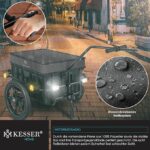 KESSER Home cargo tricycle with weatherproof cover in the rain; close-ups show the handle grip and water-repellent fabric.