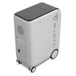 White BLUETTI portable power station on wheels with a dark gray top panel, shown at an angled side view, logo visible on the side.