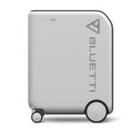 Portable gray energy storage unit on wheels, branded BLUEETTI, designed for mobile energy supply on the go.