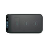Dark wireless charging pad with two circular charging zones and a left-side control panel labeled DC OUTPUT.