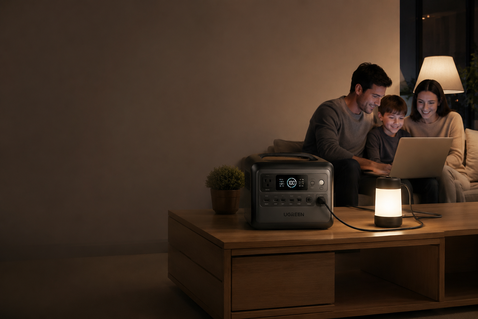 A family of three sits close together on a sofa, looking at a laptop in a cozy living room with a UGREEN portable power station on the coffee table nearby.
