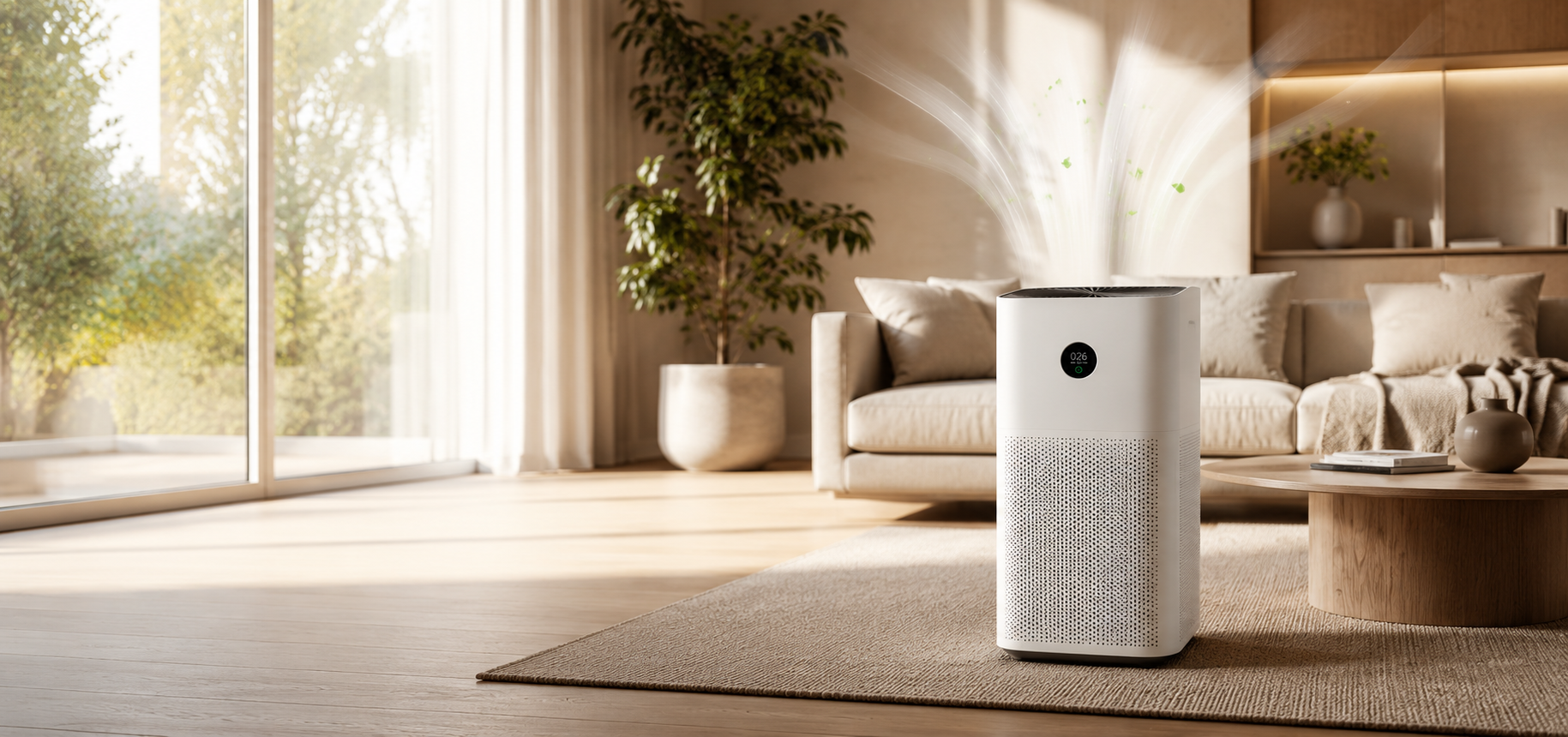 White air purifier with circular display on a beige rug in a bright living room; sofa and plants in the background