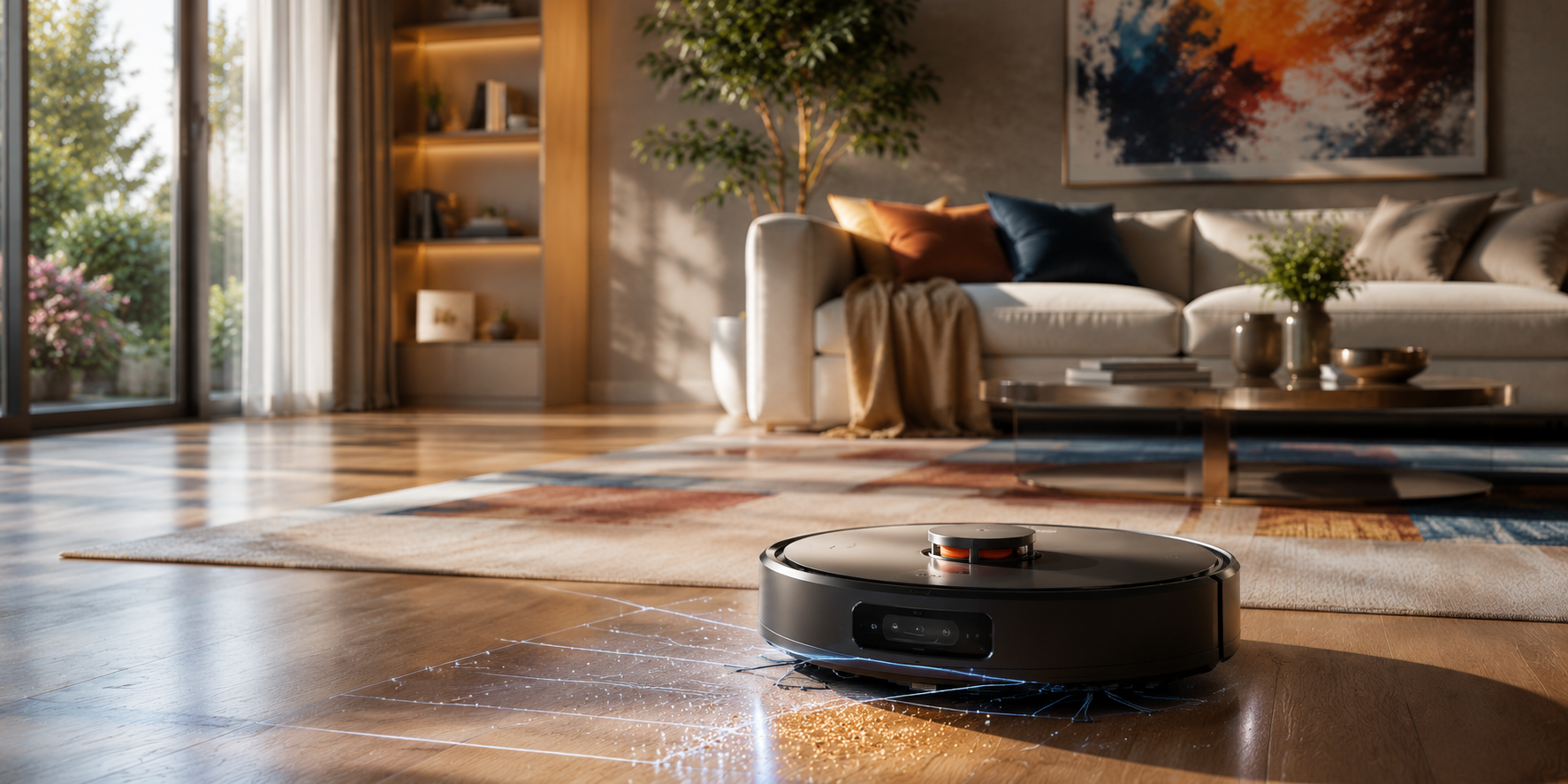 Robotic vacuum cleans a sunlit modern living room with a beige sofa, colorful rug, and plants.